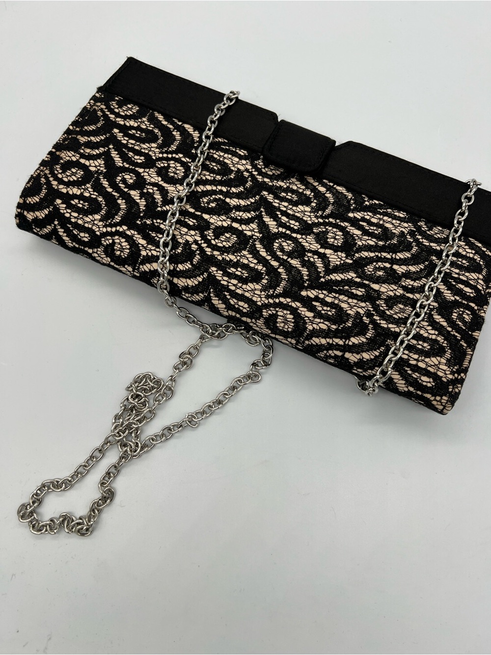 Black Lace Overlay Evening Clutch with Silver Chain